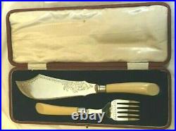 1930s Vintage Silver Plated Fish Servers Utensils Sardine Fork Boxed Faux Bone