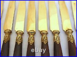 19TH LOUIS XV Style French Dessert Set 24 pieces Brass Wood Handles Table BOX