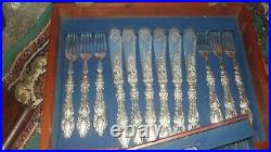 24 PIECE SILVER PLATED CANTEEN OF FISH KNIVES & FORKS PIERCED DECOR in box