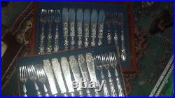 24 PIECE SILVER PLATED CANTEEN OF FISH KNIVES & FORKS PIERCED DECOR in box