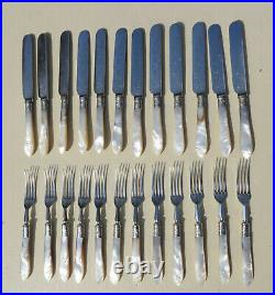 24 Piece Mother of Pearl Silver Plate Fruit, Dessert Knife & Fork Set Boxed