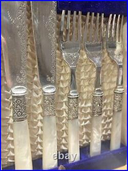 24 Pieces J S & S Silver Plated Fish Knives Forks Mother of Pearl Canteen Box