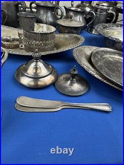30 SILVER PLATE PIECES 15 Lbs Teapot, Trays, Sugar, Shaker, Chafing Stand, Lids