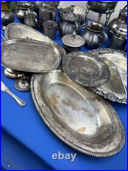 30 SILVER PLATE PIECES 15 Lbs Teapot, Trays, Sugar, Shaker, Chafing Stand, Lids