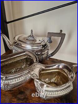 3 PIECE SILVERPLATED TEA SERVICE 1900s engraved letter M