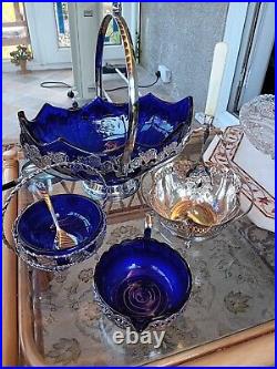 4 Piece Blue Glass Silver Plated Table Wear