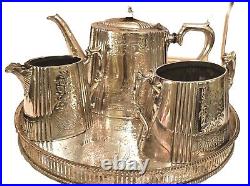 4 Piece Silverplate Tea set Creamer Sugar Bowl Galley Tray Sheffield