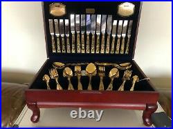 58 Piece Mahogany Canteen Of Gold Gilt Kings Pattern Cutlery (setting For 8)