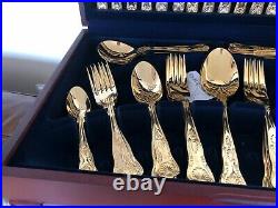 58 Piece Mahogany Canteen Of Gold Gilt Kings Pattern Cutlery (setting For 8)