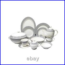 61-Piece Silver Border Bone China Dinner Set Luxury White Silver Trim Service 6