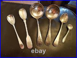 6 SPECIAL PIECES OF ANTIQUE SILVER 2 SMALL LADLES, EGG SPOON 2xMUSTARD & A SALT