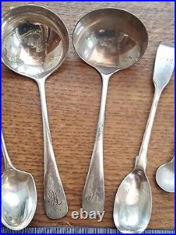 6 SPECIAL PIECES OF ANTIQUE SILVER 2 SMALL LADLES, EGG SPOON 2xMUSTARD & A SALT