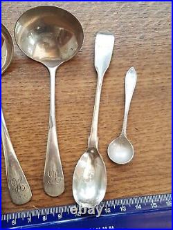 6 SPECIAL PIECES OF ANTIQUE SILVER 2 SMALL LADLES, EGG SPOON 2xMUSTARD & A SALT