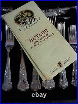 85 Piece Mahogany Case Canteen Cutlery Butlers Of Sheffield Kings Pattern 1980s