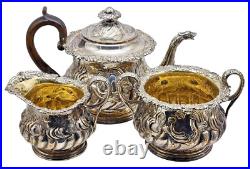 ANTIQUE Silver Plate on Copper Ornate 3 Piece Tea Set Teapot / Creamer / Sugar