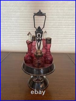 ANTIQUE Victorian Cranberry 6 Piece Silver Plate Rotating Castor Cruet SET 16H