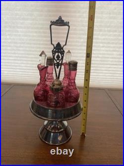 ANTIQUE Victorian Cranberry 6 Piece Silver Plate Rotating Castor Cruet SET 16H