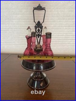 ANTIQUE Victorian Cranberry 6 Piece Silver Plate Rotating Castor Cruet SET 16H