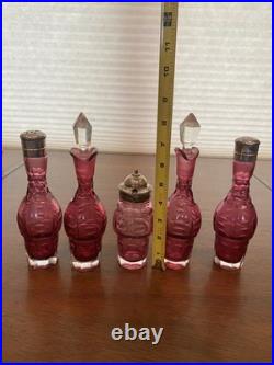 ANTIQUE Victorian Cranberry 6 Piece Silver Plate Rotating Castor Cruet SET 16H