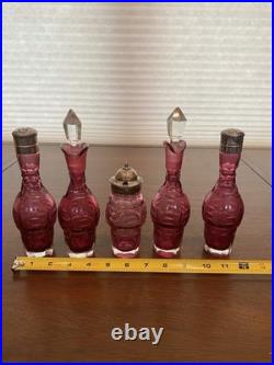ANTIQUE Victorian Cranberry 6 Piece Silver Plate Rotating Castor Cruet SET 16H
