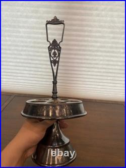 ANTIQUE Victorian Cranberry 6 Piece Silver Plate Rotating Castor Cruet SET 16H