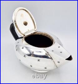 ART DECO SPACE AGE SILVER PLATED FOUR-PIECE TEA SET c1950 STAR PATTERN