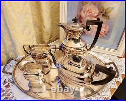 Amazing silver plated 5 piece set coffe/tea pots sugar bowl creamer large tray