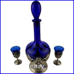 American Cut Crystal Corporation 3 Piece Cobalt Blue Decanter & Silver Plate Set