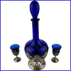 American Cut Crystal Corporation 3 Piece Cobalt Blue Decanter & Silver Plate Set