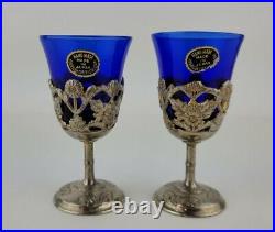 American Cut Crystal Corporation 3 Piece Cobalt Blue Decanter & Silver Plate Set