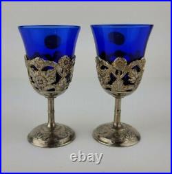 American Cut Crystal Corporation 3 Piece Cobalt Blue Decanter & Silver Plate Set