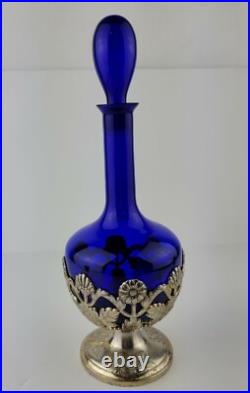 American Cut Crystal Corporation 3 Piece Cobalt Blue Decanter & Silver Plate Set