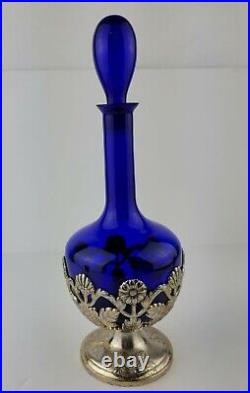 American Cut Crystal Corporation 3 Piece Cobalt Blue Decanter & Silver Plate Set