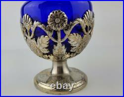 American Cut Crystal Corporation 3 Piece Cobalt Blue Decanter & Silver Plate Set