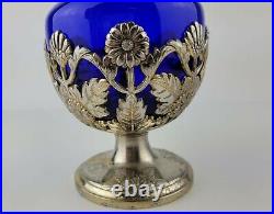 American Cut Crystal Corporation 3 Piece Cobalt Blue Decanter & Silver Plate Set