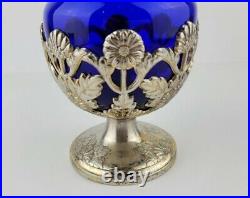 American Cut Crystal Corporation 3 Piece Cobalt Blue Decanter & Silver Plate Set