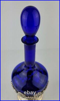 American Cut Crystal Corporation 3 Piece Cobalt Blue Decanter & Silver Plate Set