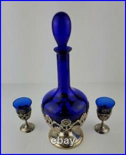 American Cut Crystal Corporation 3 Piece Cobalt Blue Decanter & Silver Plate Set