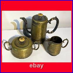 Antique 3-Piece B. HENNEBERG SILVER PLATE & BRASS COFFEE SET Pot Creamer & Sugar