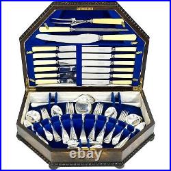 Antique 55-piece 6 person cutlery oak canteen with turkey set and working key
