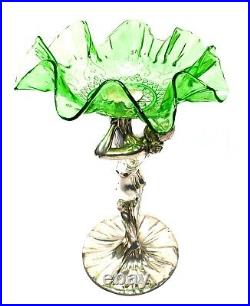 Antique Art Nouveau Table Centre Piece Silver Plate & Green Glass by Henneberg