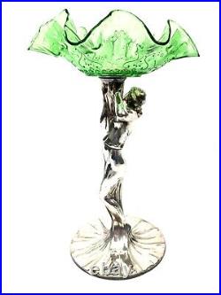 Antique Art Nouveau Table Centre Piece Silver Plate & Green Glass by Henneberg