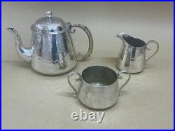 Antique Arts And Crafts Planished Silver Plated 3 Piece Tea Service C1920