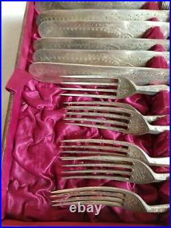 Antique Boxed 24 Piece Knife And Fork Set. Silver Plated Britania Metal. Carved