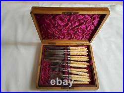 Antique Boxed 24 Piece Knife And Fork Set. Silver Plated Britania Metal. Carved