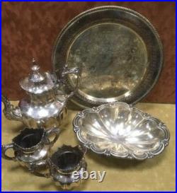 Antique Derby Silver Co. Quadruple Plate-4-Piece Tea Set and 1 Reed Barton Dish