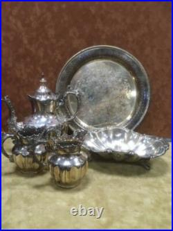 Antique Derby Silver Co. Quadruple Plate-4-Piece Tea Set and 1 Reed Barton Dish