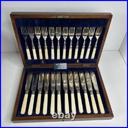 Antique Edwardian 24 piece Silver Plated Fish cutlery Set Silver Mounts