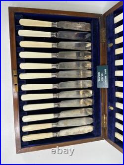 Antique Edwardian 24 piece Silver Plated Fish cutlery Set Silver Mounts