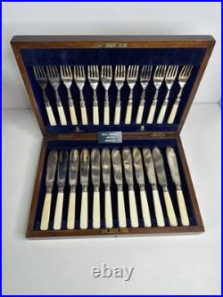 Antique Edwardian 24 piece Silver Plated Fish cutlery Set Silver Mounts